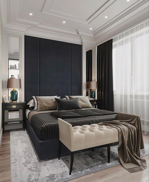 a bedroom with a bed and a window with drapes