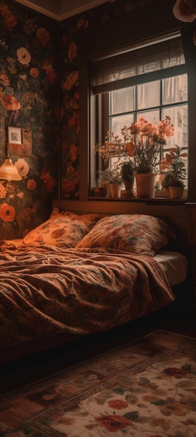 A bedroom with a bed and a window with a flower pot on the window sill.