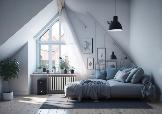 A bedroom with a bed and a window with a lamp above it.