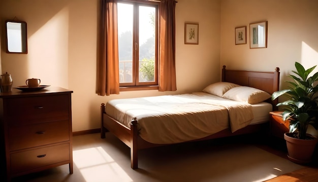 a bedroom with a bed and a window with a view of the city