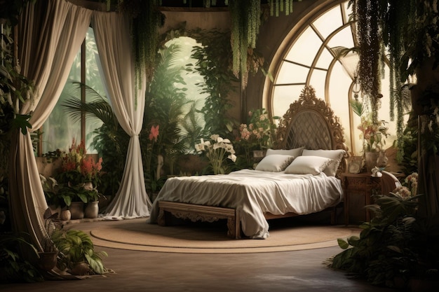 A bedroom with a bed and a window with a view of the garden.