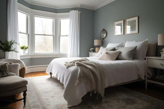 A bedroom with a bed and a window with a view of the lake and the words " bed " on the wall.