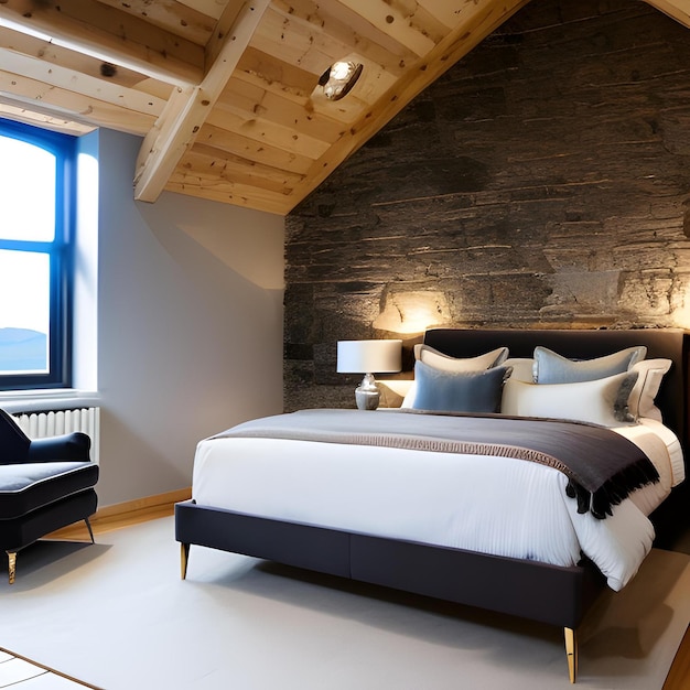 Спальня с кроватью и окном с деревянной стеной за ним.