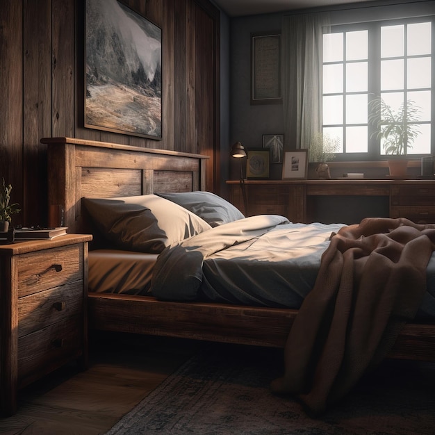 A bedroom with a bed and a wooden dresser.