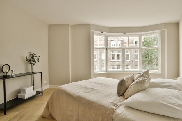 a bedroom with beige walls and a large bed