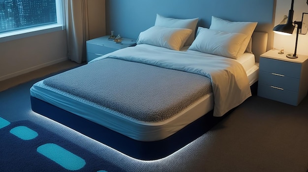 A bedroom with a biometric sleep tracking carpet