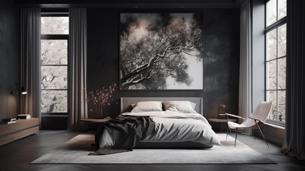 A bedroom with a black wall and a painting of a tree.