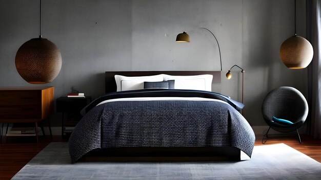 A bedroom with a black and white bed and a lamp