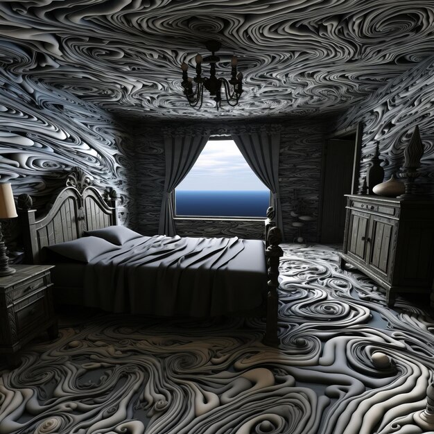 a bedroom with black and white swirls on the walls