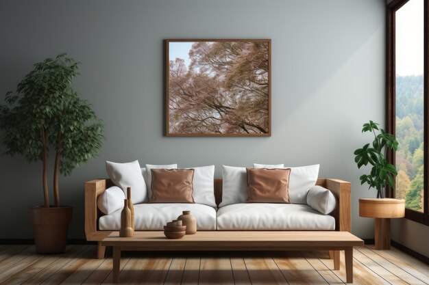 Bedroom with blank frame for a mockup