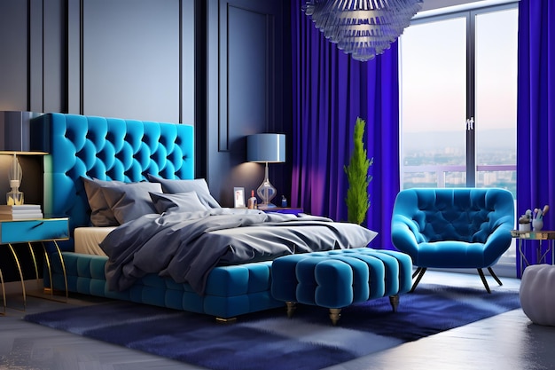 A bedroom with a blue bed and a blue couch.