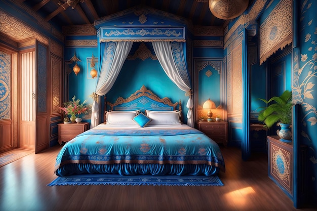 青いベッドと青い天蓋付きの天蓋付きベッドのあるベッドルーム。
