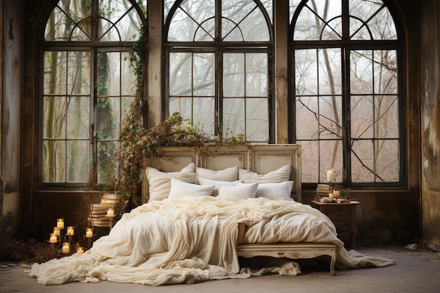 A bedroom with a blue bed and a wooden wall with a black and white lamp hanging above it