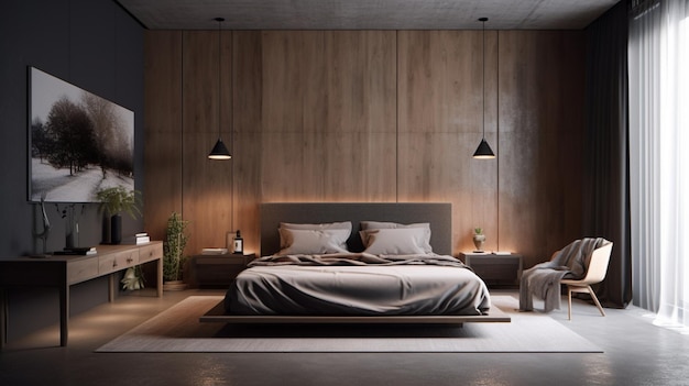 A bedroom with a blue bed and a wooden wall with a black and white lamp hanging above it