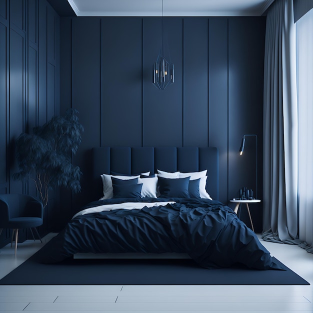 A bedroom with a blue wall and a bed with pillows and a lamp.