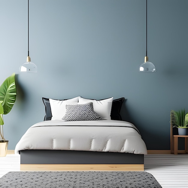 A bedroom with a blue wall and a bed with a white cover and a black and white striped blanket.