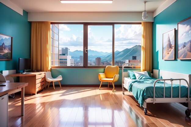 A bedroom with a blue wall and a bed with a yellow chair in front of a window.