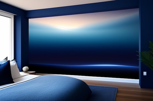 A bedroom with a blue wall that has a blue background