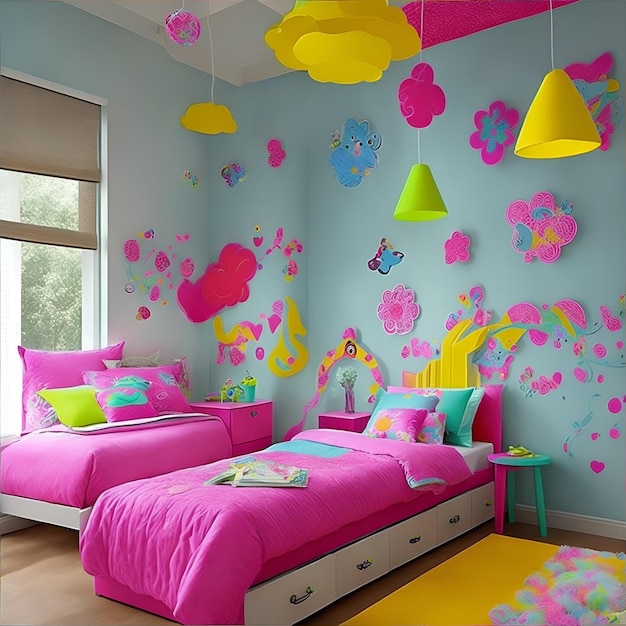 青い壁にピンクとグリーンの寝具、青い壁に雲の模様のある寝室。
