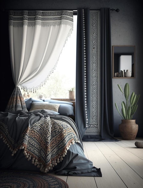 Bedroom with boho border curtains