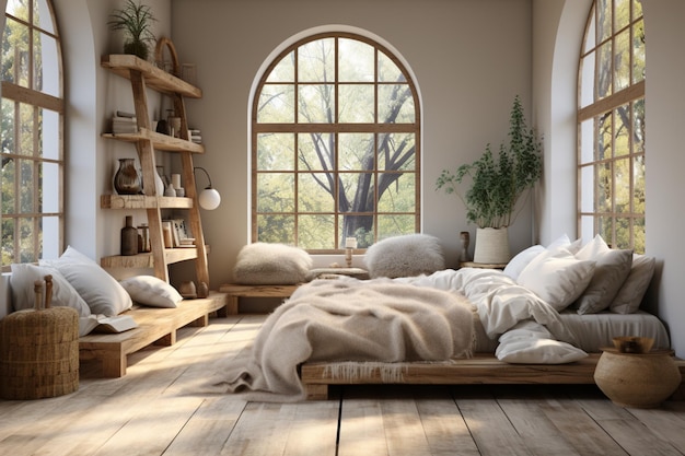 A bedroom with a boho concept design