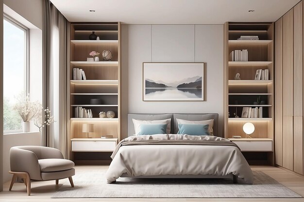 Bedroom with bookshelf in soft room tone design in 3d rendering