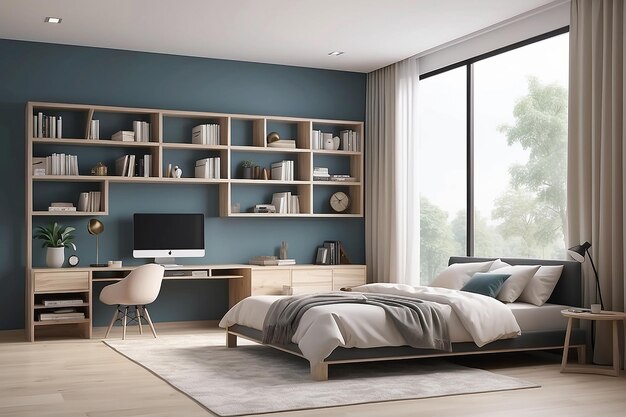 Bedroom with bookshelf in soft room tone design in 3d rendering