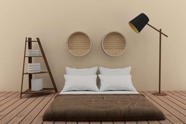 bedroom with bookshelf in soft room tone design in 3D rendering