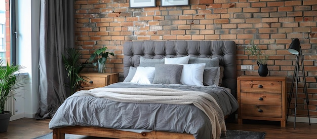 Bedroom With Brick Wall and Bed