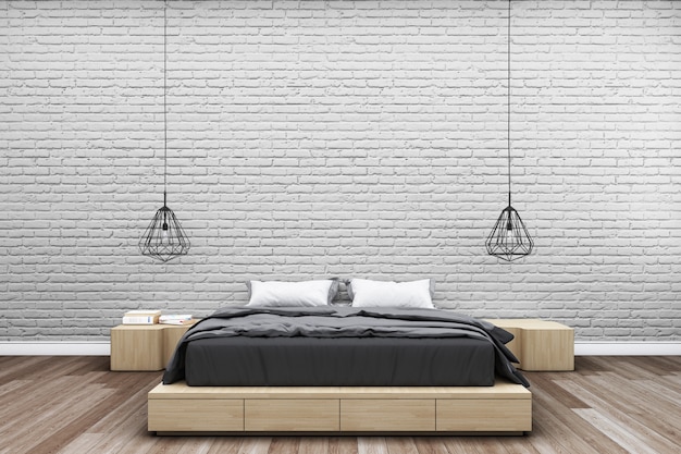 Bedroom with brick wall and modern bedside lamp