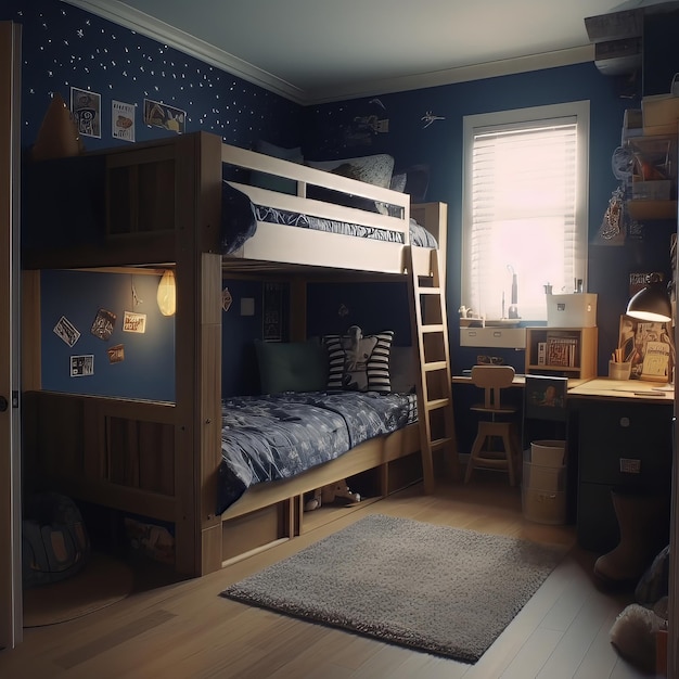 a bedroom with a bunk bed and bunk beds