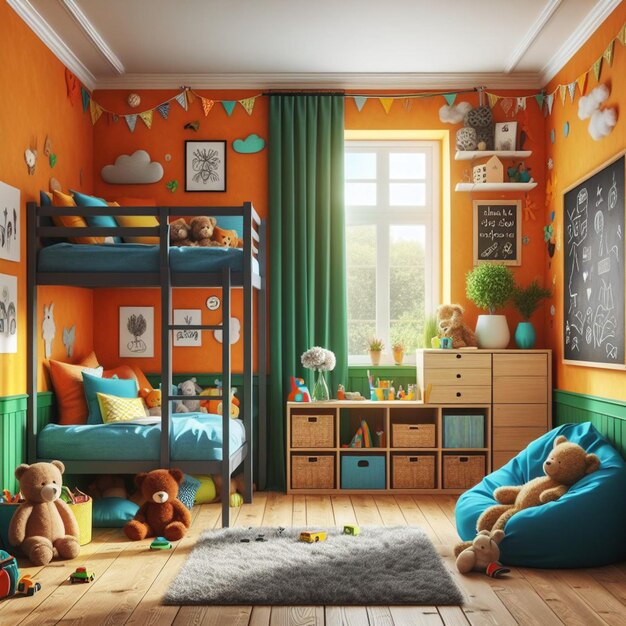 a bedroom with a bunk bed a shelf and a window with a teddy bear on it