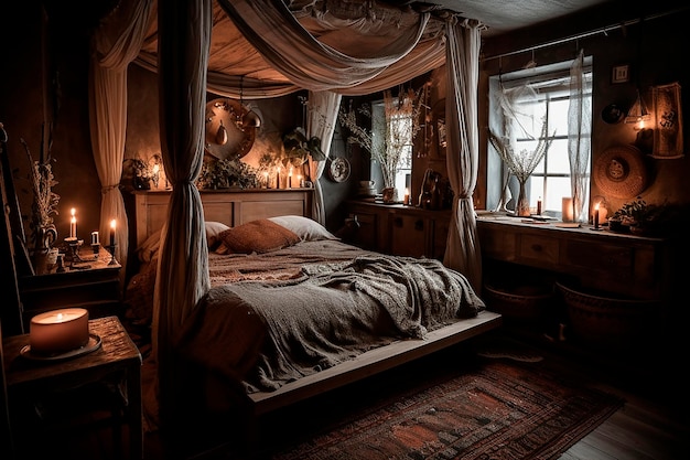 Photo a bedroom with a canopy bed and candles on the ceiling.