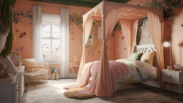 A bedroom with a canopy bed and a chair.