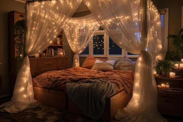 A bedroom with a canopy bed draped with fairy lights and patterned bedding