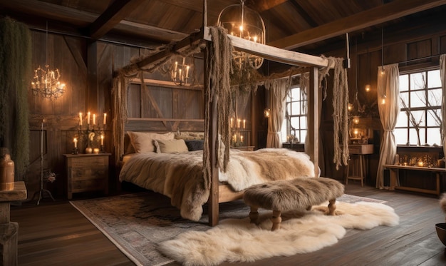 A bedroom with a canopy bed and a fireplace.