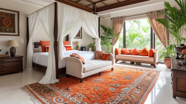 Спальня с кроватью с навесом и оранжевым ковром в середине.