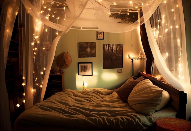 A bedroom with a canopy bed with lights hanging from the ceiling.