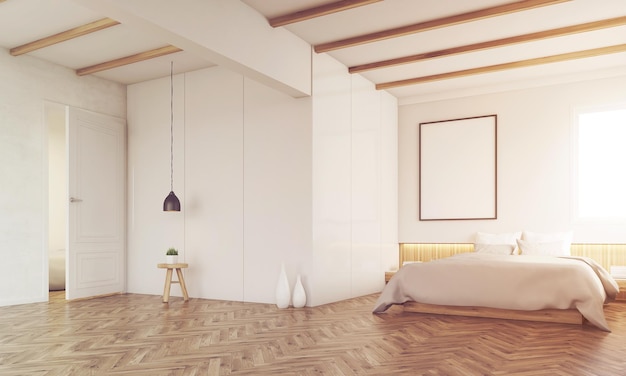 Bedroom with ceiling beams toned