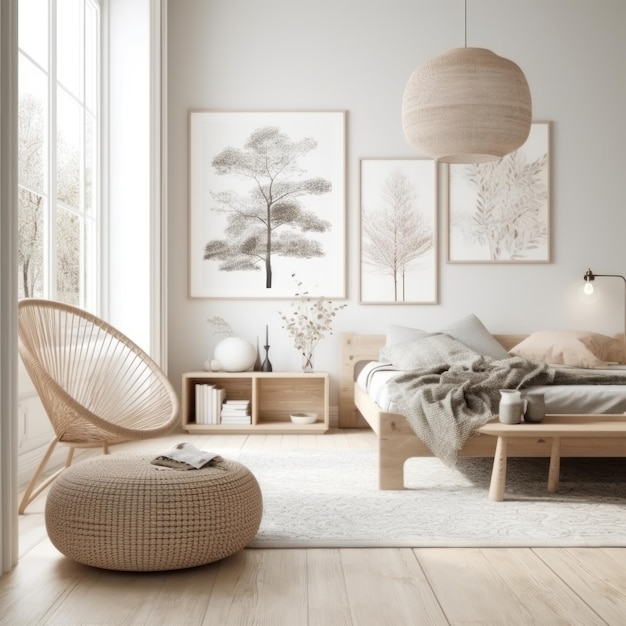 A bedroom with a chair and a table with a lamp on it