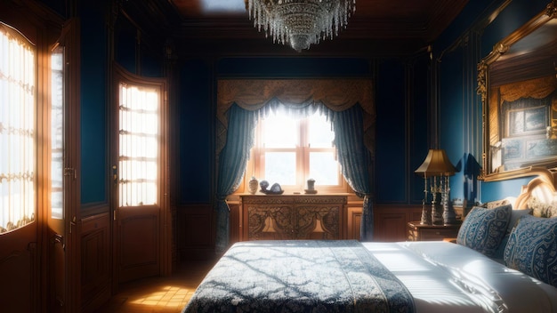 A bedroom with a chandelier and a chandelier in the corner.