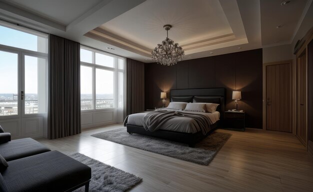 a bedroom with a chandelier hanging from the ceiling