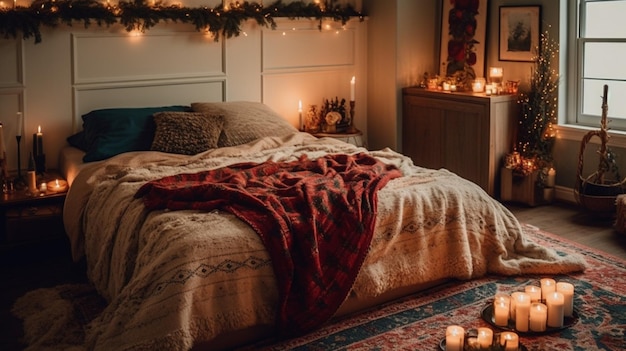 A bedroom with a christmas tree and a bed with a blanket and a fireplace.