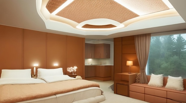 A bedroom with a customizable shapeshifting ceiling
