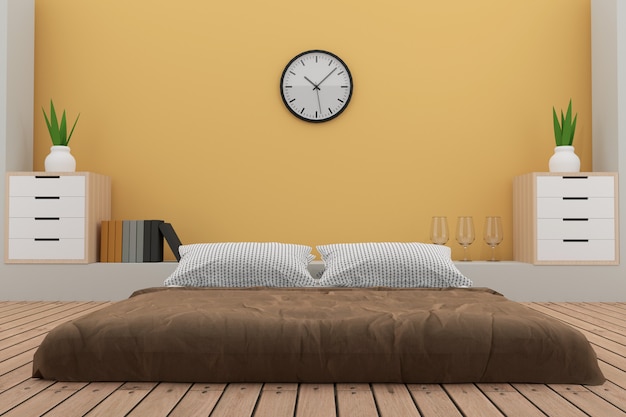 bedroom with decoration in the yellow room in 3D render 