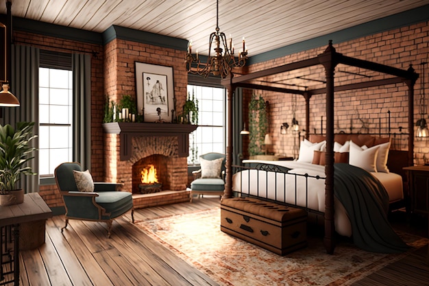 A bedroom with a fireplace and a bed with a poster on it.