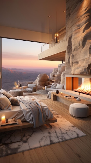 a bedroom with a fireplace and a fireplace