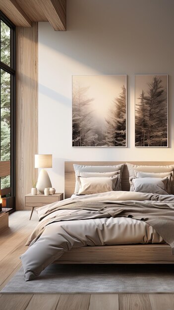 a bedroom with a fireplace and a picture of trees on the wall