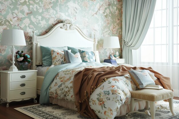 Photo a bedroom with a floral wallpaper and a floral bedspread