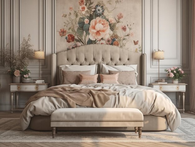 A bedroom with a floral wallpaper on the wall